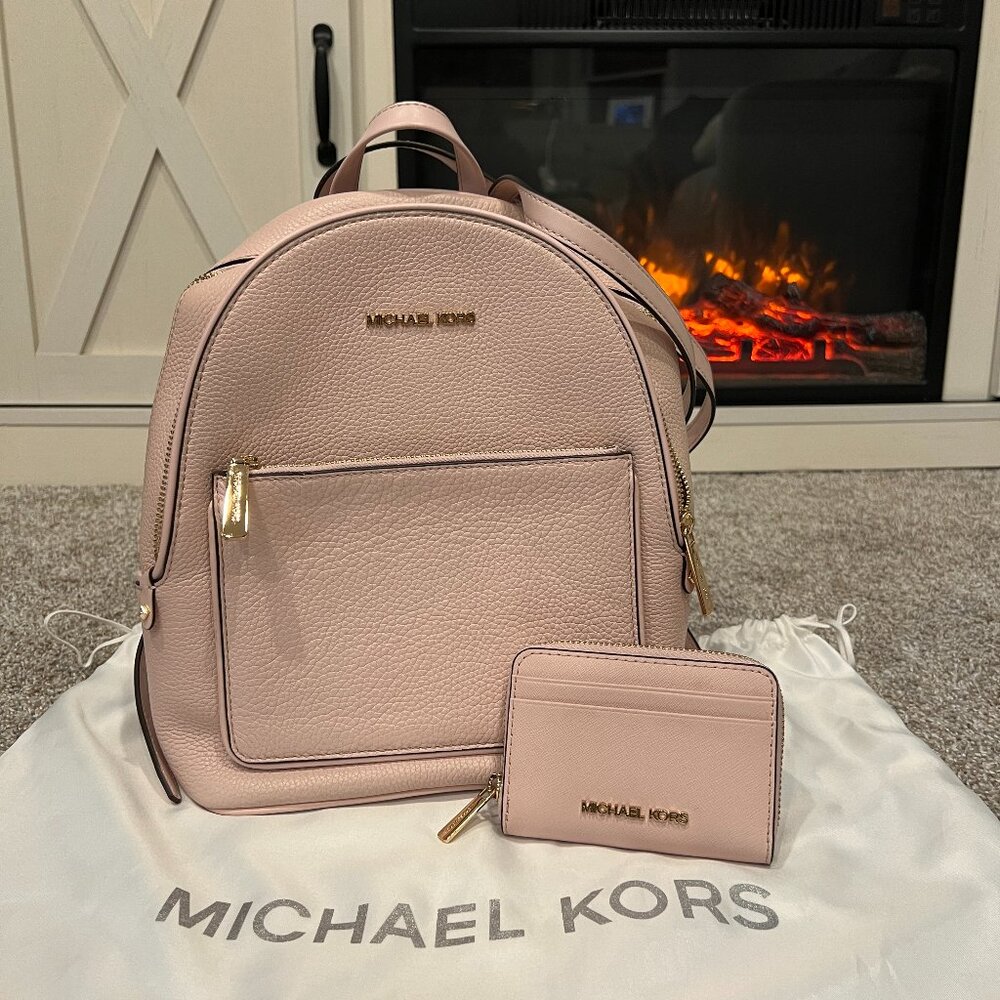 Michael Kors Adina Medium Backpack Leather Powder Blush with Wallet